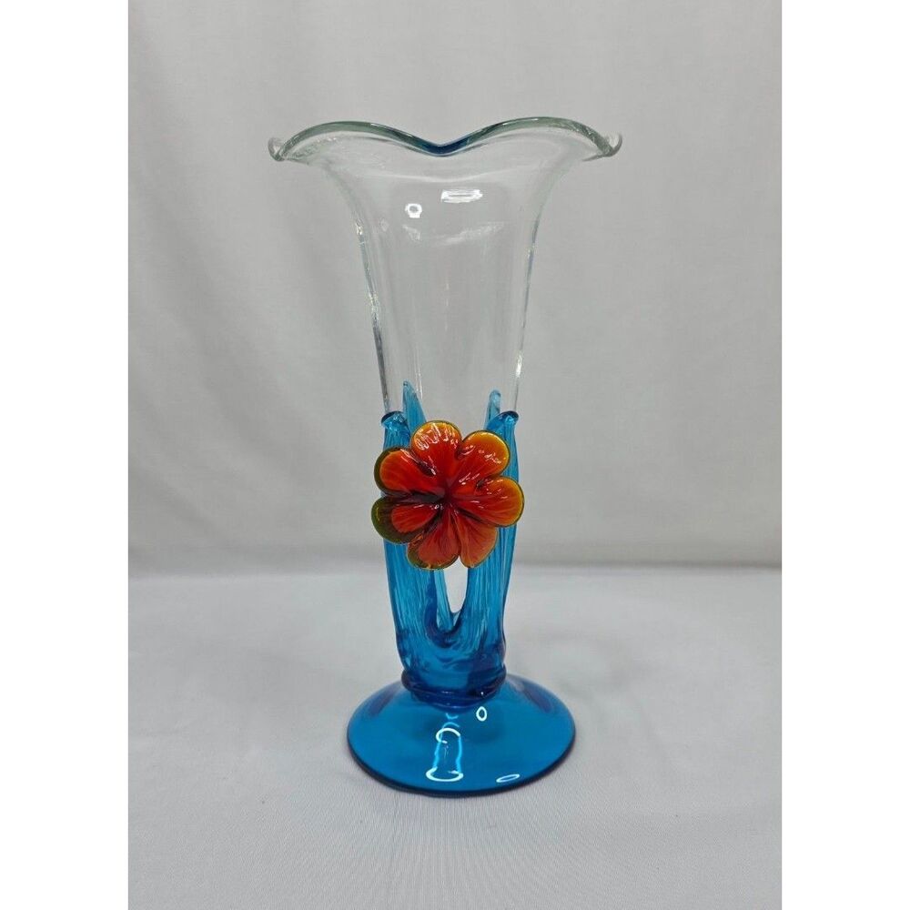 Vintage Murano Style Art Glass Vase | Blue Waves w/ Orange Flower | Hand Blown
